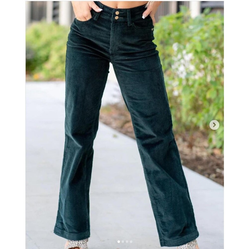 JUDY BLUE Green Corduroy Wide Leg High Rise Pants Boho Indie Casual SIZE 0 / 24